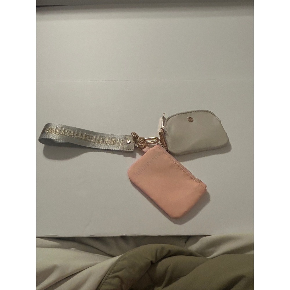 Lululemon Double Pouch Wristlet Clutch Card Holder Set Grey Pink Gold Logo